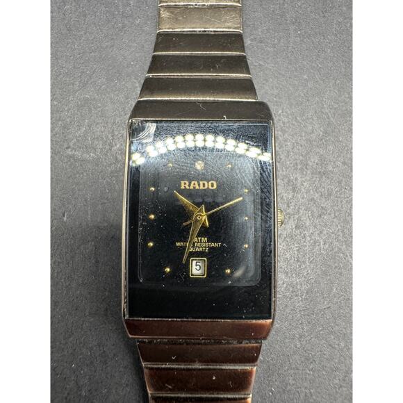 RADO Diamond Accent Watch 3710-2035 Rectangle Black Dial Silver Tone 21mm - Picture 1 of 14
